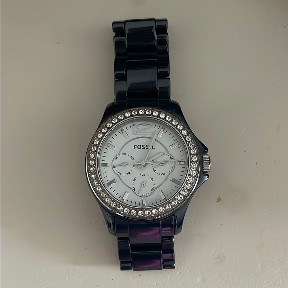 Fossil blue and Silver Watch with Crystal Details